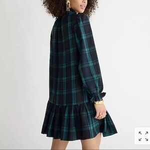 J. Crew Black and Green Plaid Long-Sleeve Ruffle Hem Dress
